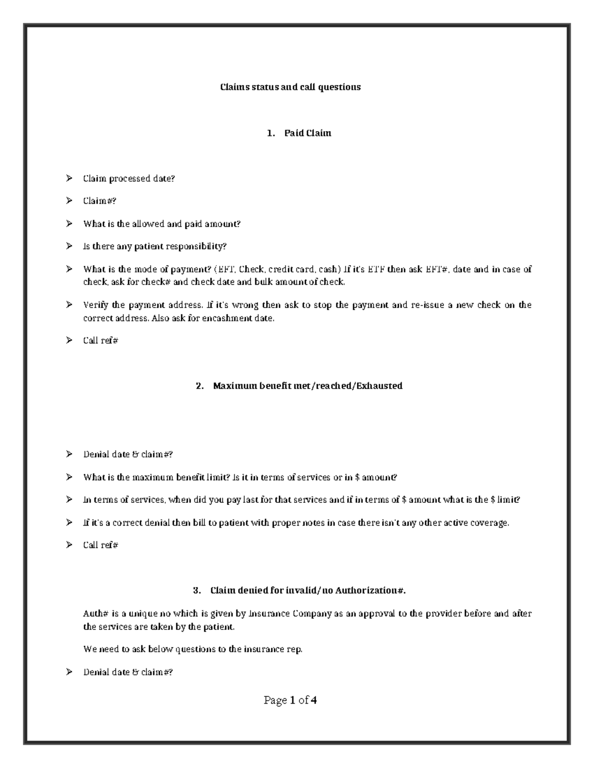 Denial Handouts - Medical Billing Docs (Claims Status & Call Questions ...