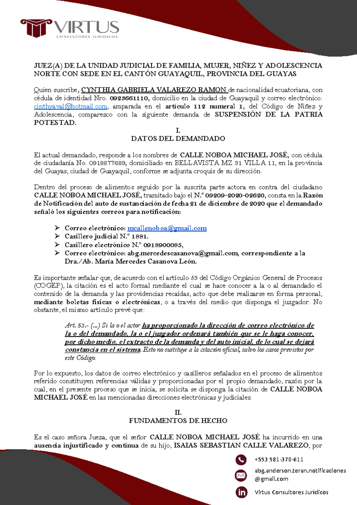 Demanda de Suspensión de Patria Potestad - COGEP y Código de Niñez - Document Preview
