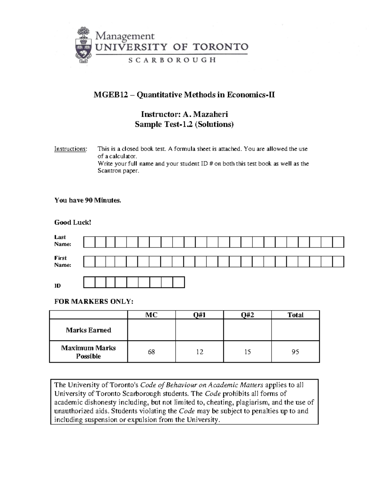 MGEB12 Final Exam Solutions: Quantitative Methods by A. Mazaheri - Studocu