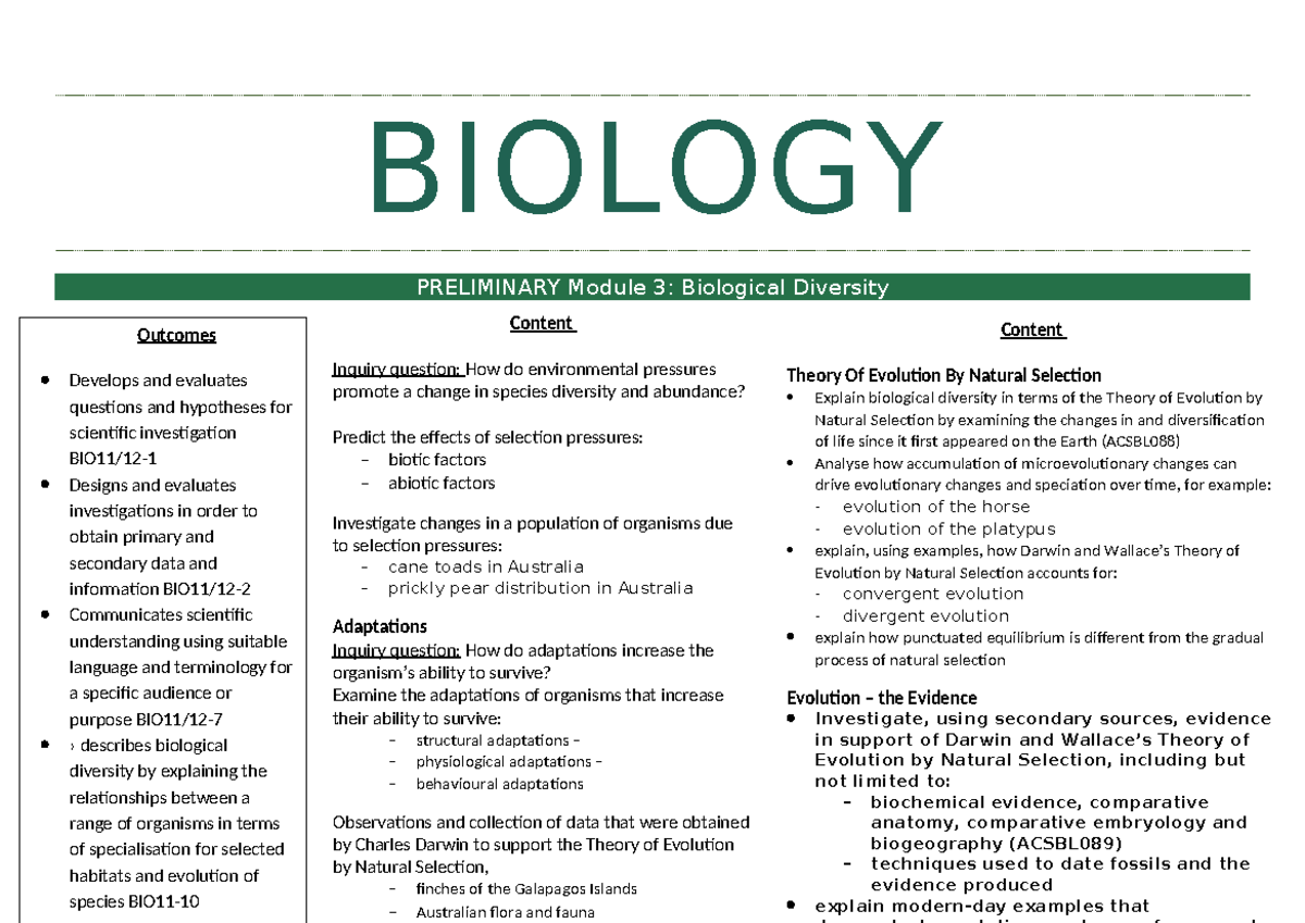 BIOLOGY PRELIMINARY Module 3: Biological Diversity Study Notes - Studocu