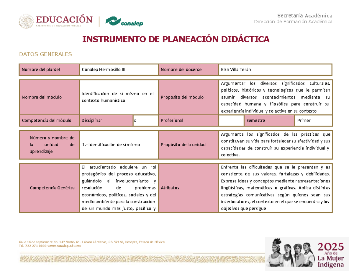Instrumento de Planeación Didáctica IMCH: Identificación de Sí Mismo en