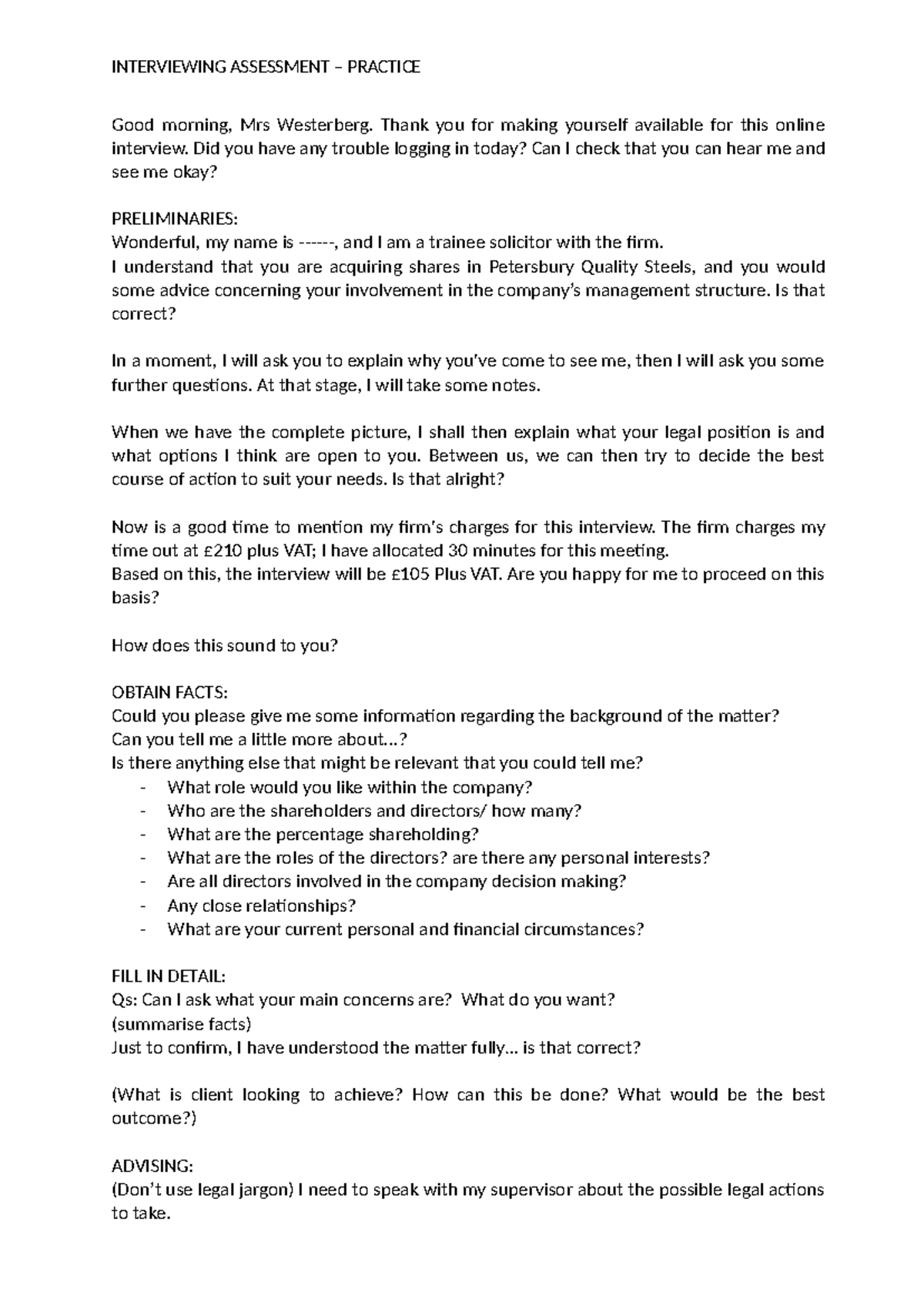 Interviewing Assessment Script - Legal Advice Practice Session - Studocu