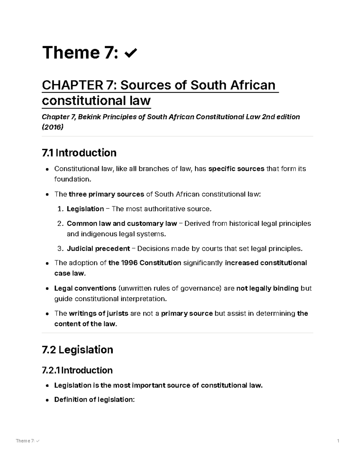 Theme 7: CHAPTER 7 - Sources of South African Constitutional Law Notes ...