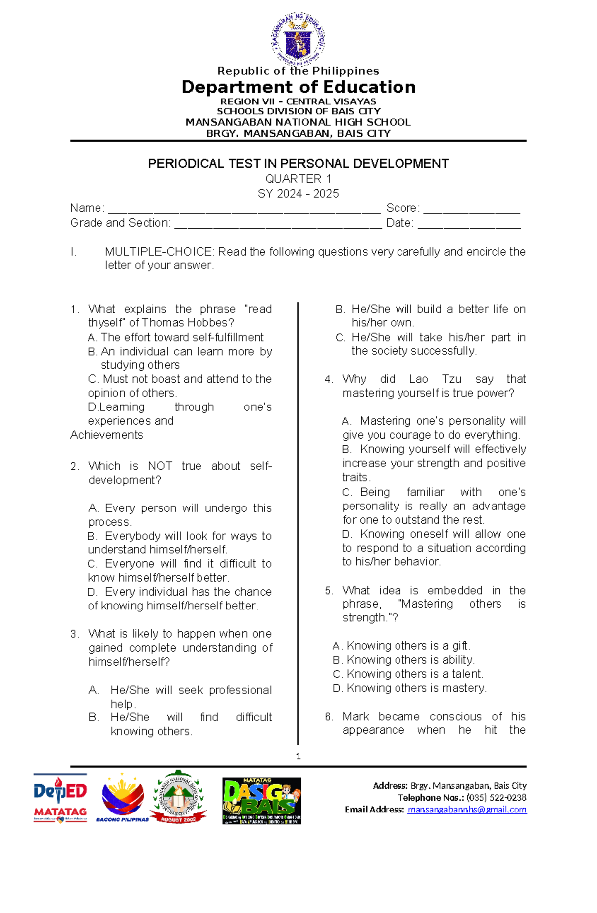 Quarter 1 Personal Dev Exam (PerDev QA SY 2024-2025) - Studocu