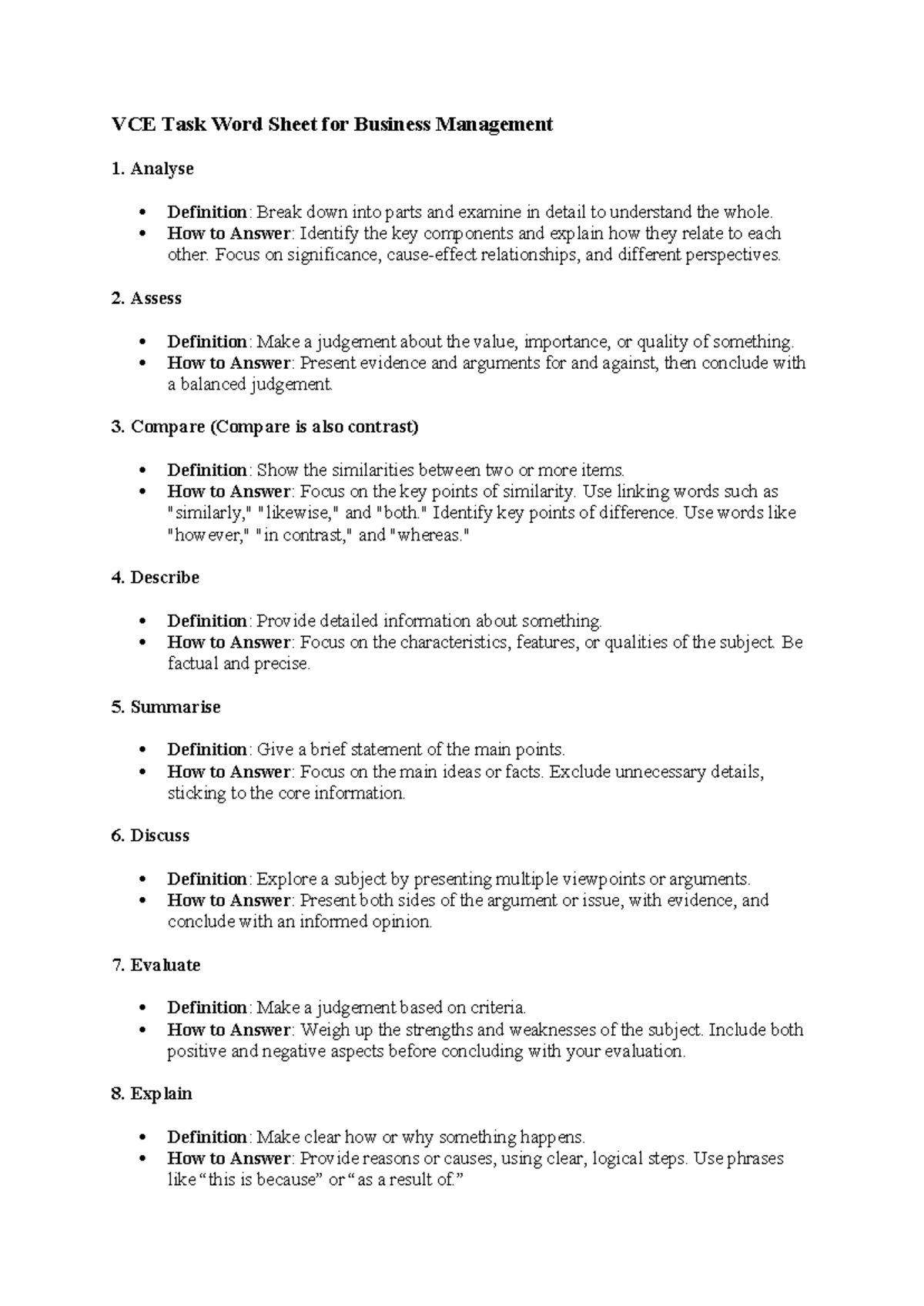 VCE Business Management Task Word Sheet Guide - Studocu