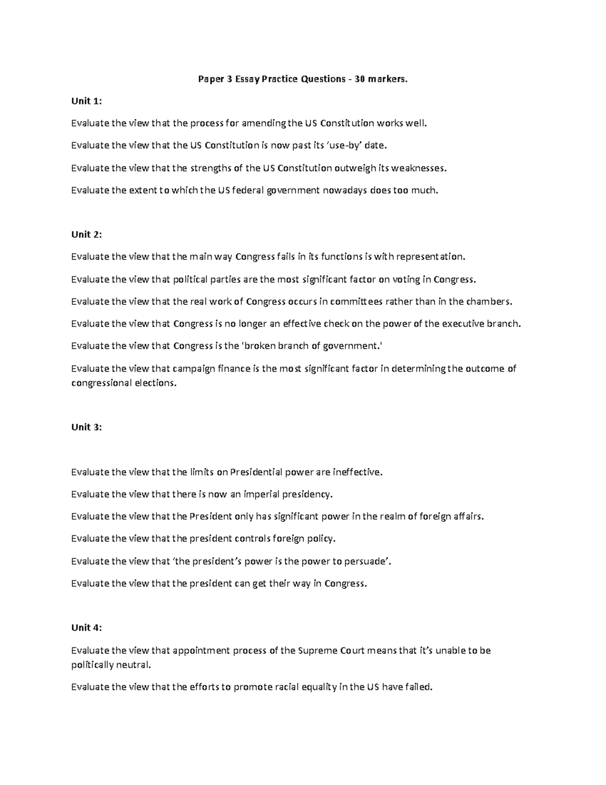 Politics Paper 3 Practice Questions for Essay Evaluation - Studocu