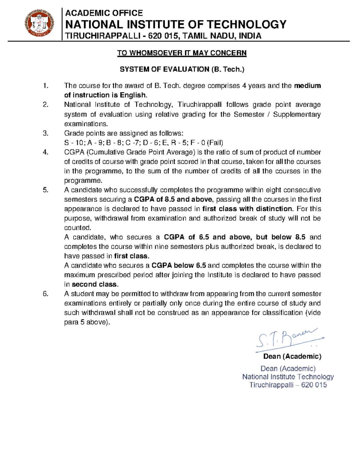 System of Evaluation - B. Tech - ACADEMIC OFFICE NATIONAL INSTITUTE OF ...