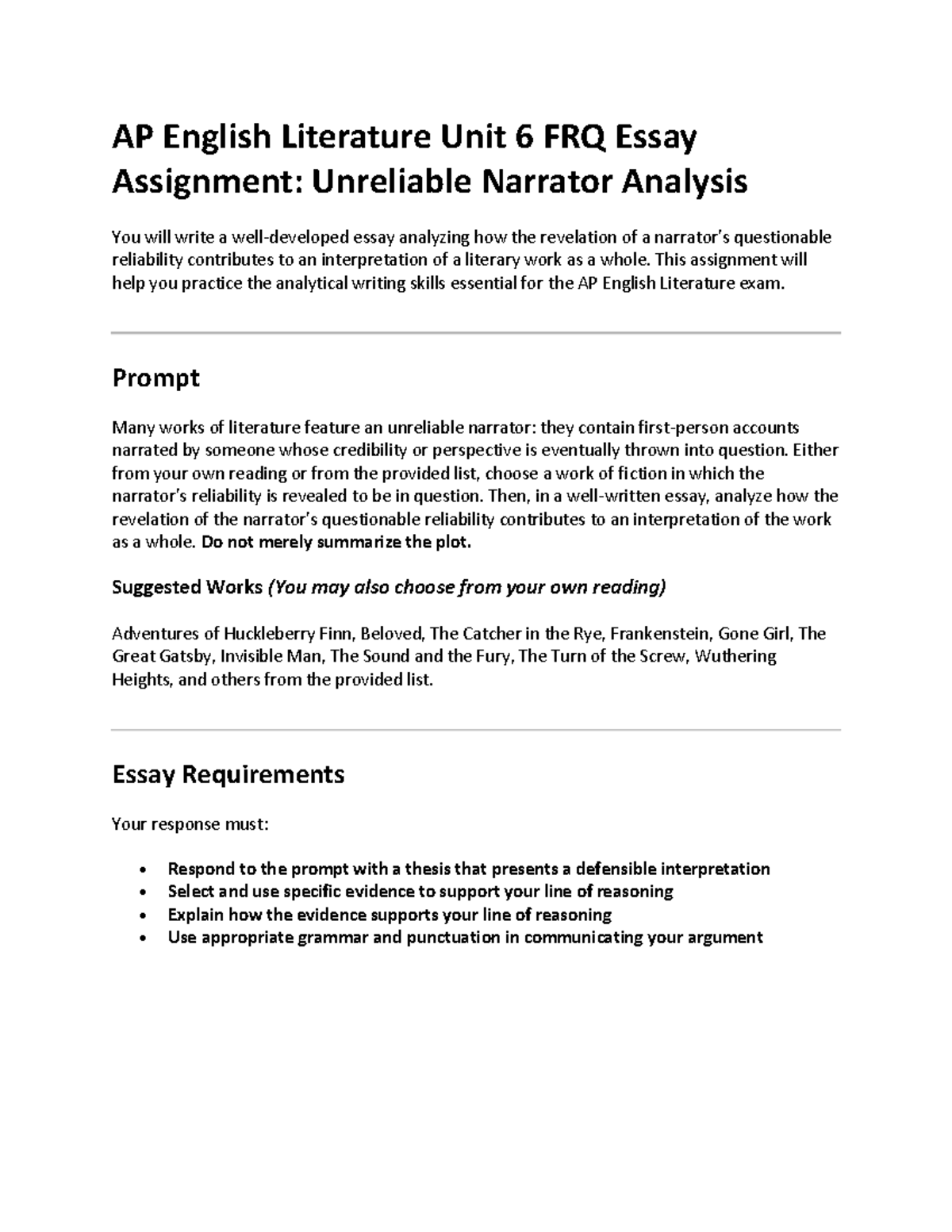 AP English Literature Unit 6 FRQ Essay: Analyzing Unreliable Narrators ...