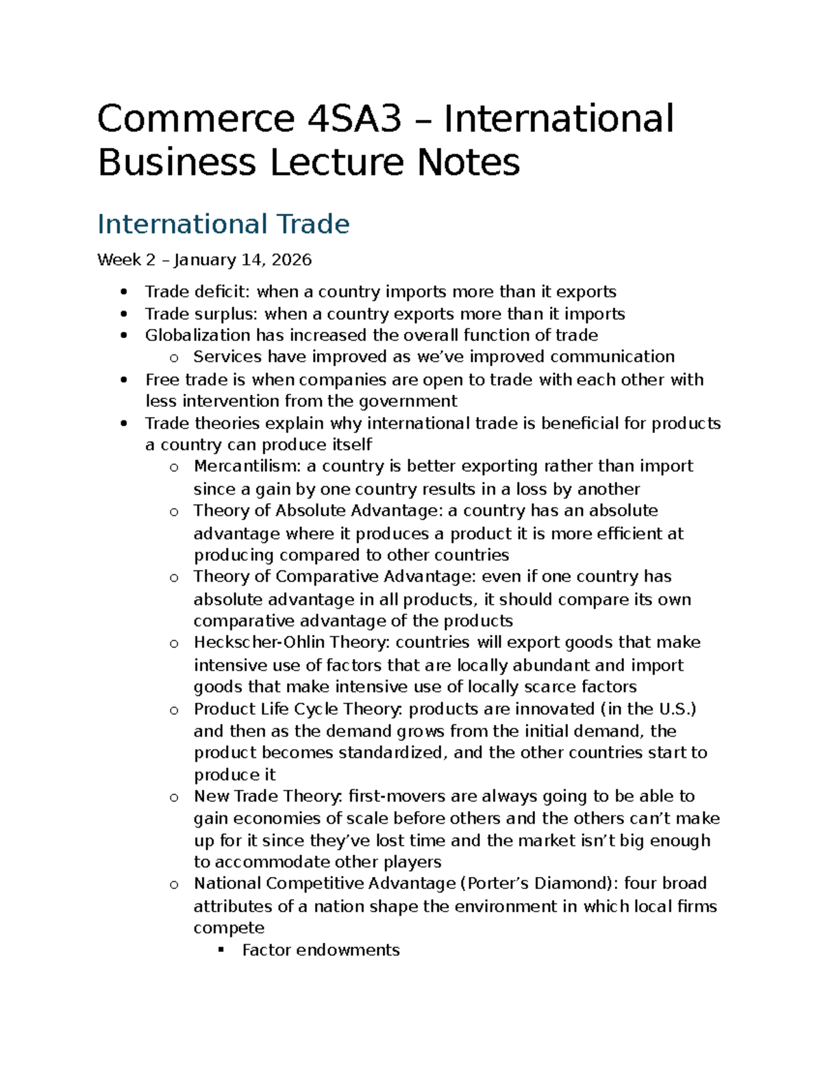 Commerce 4SA3 - International Business Lecture Notes: Weeks 2-5 ...