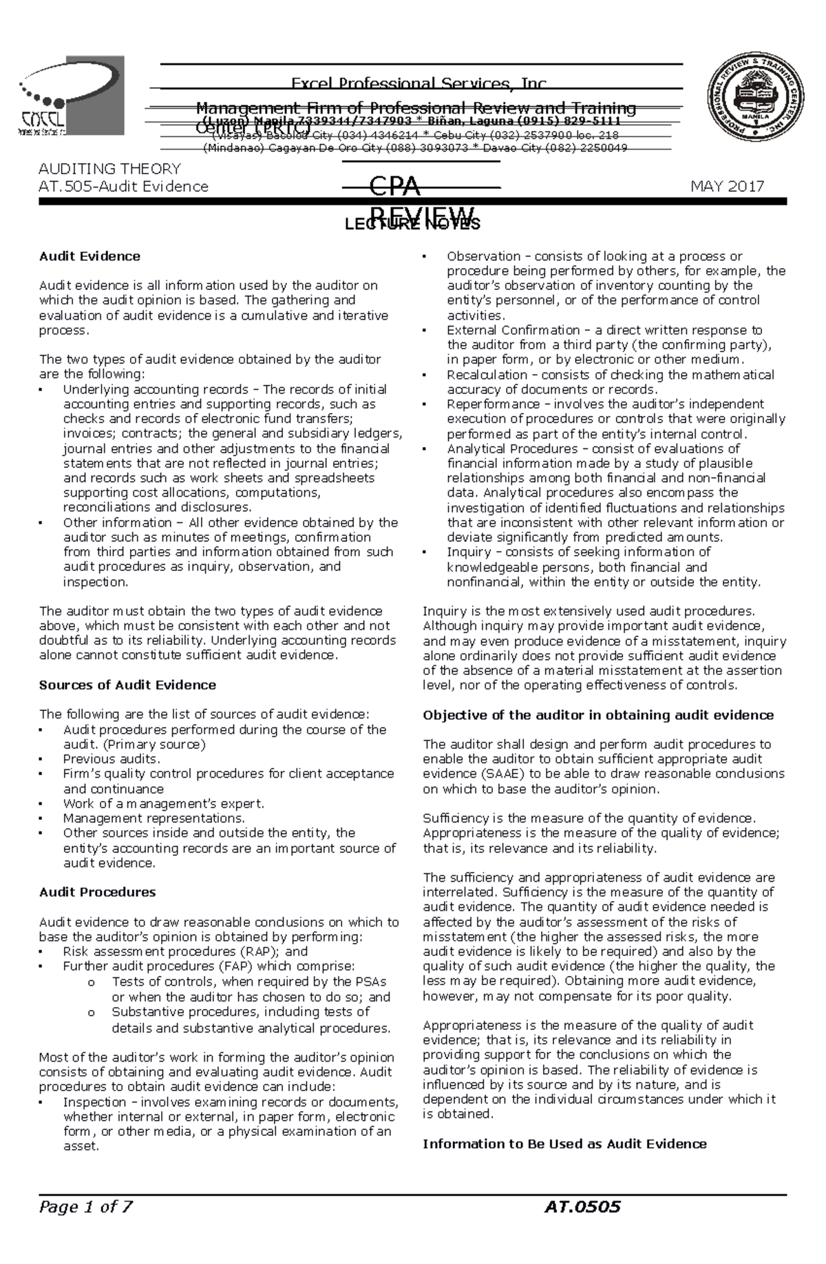 AT.505 - Audit Evidence Lecture Notes: Key Concepts & Sources - Studocu