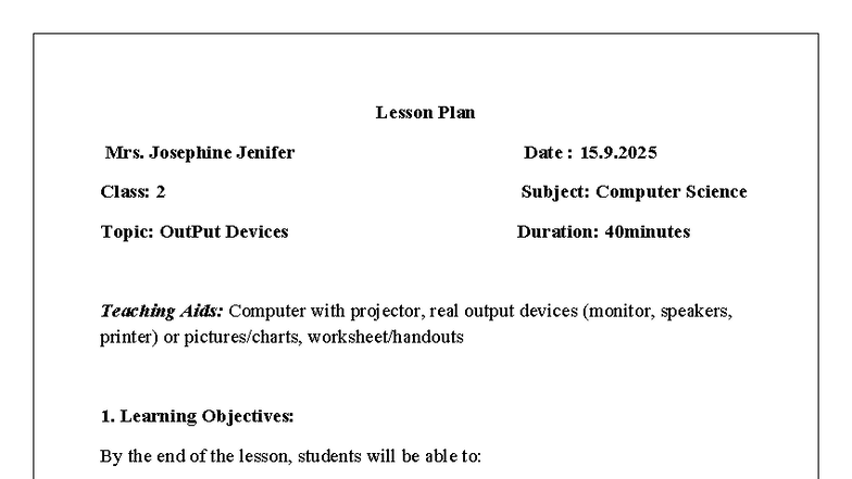 Lesson Plan: Output Devices for Grade 2 - CS Class - Studocu