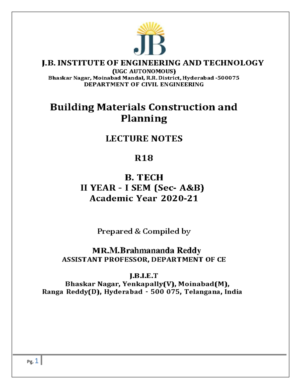 Building Materials Construction and Planning Lecture Notes R18 B. Tech ...