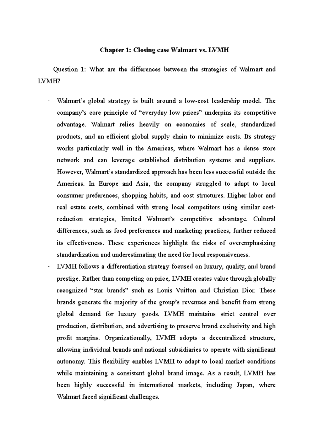 Chapter 1: Walmart vs. LVMH Strategies Comparison Analysis - Studocu