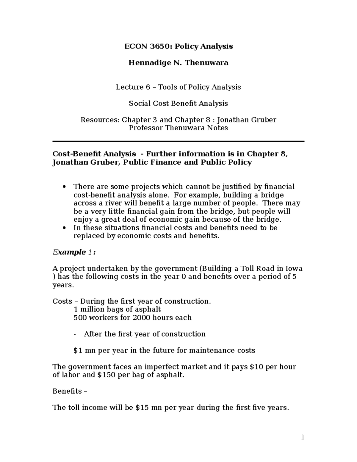 ECON 3650: Lecture 6 - Tools of Policy & Cost-Benefit Analysis - Studocu