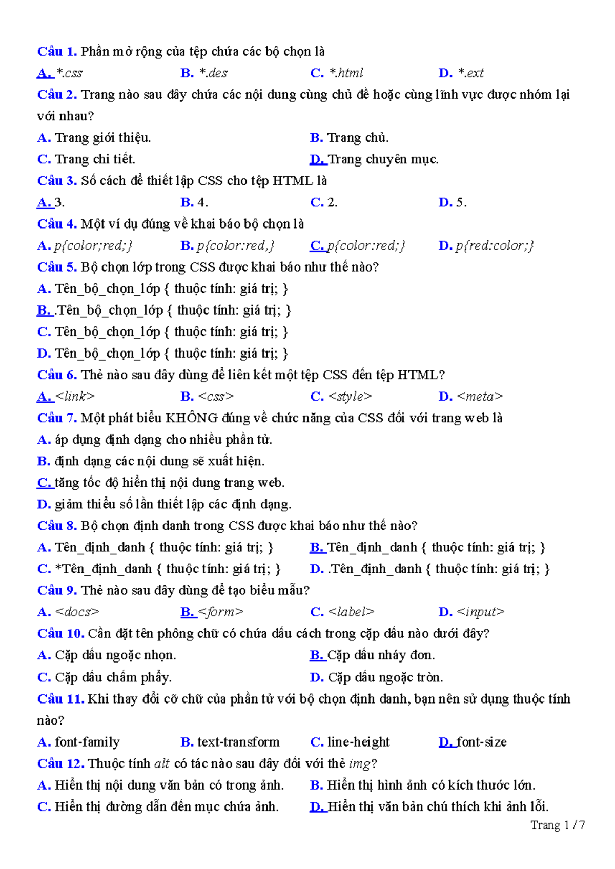 K12 ÔN TẬP GIỮA HKII: Câu Hỏi và Đáp Án Về CSS - Studocu