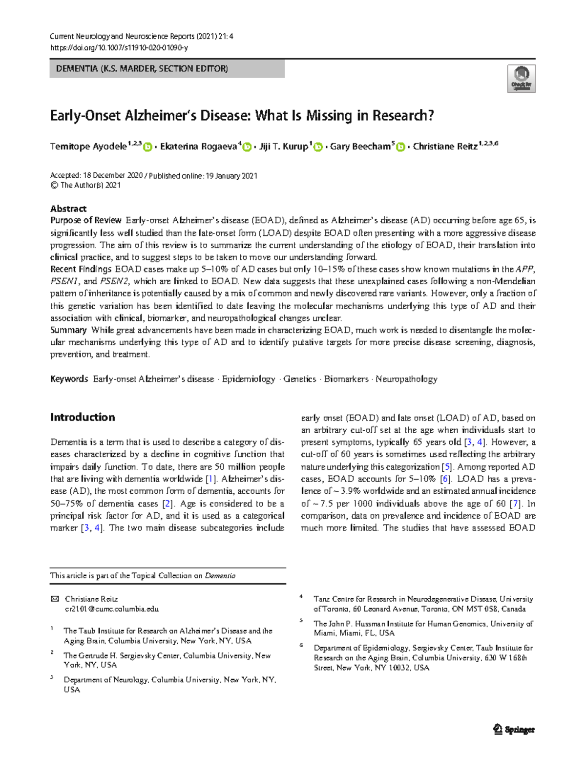Early-Onset Alzheimer's Disease (EOAD): Research Gaps and Insights ...