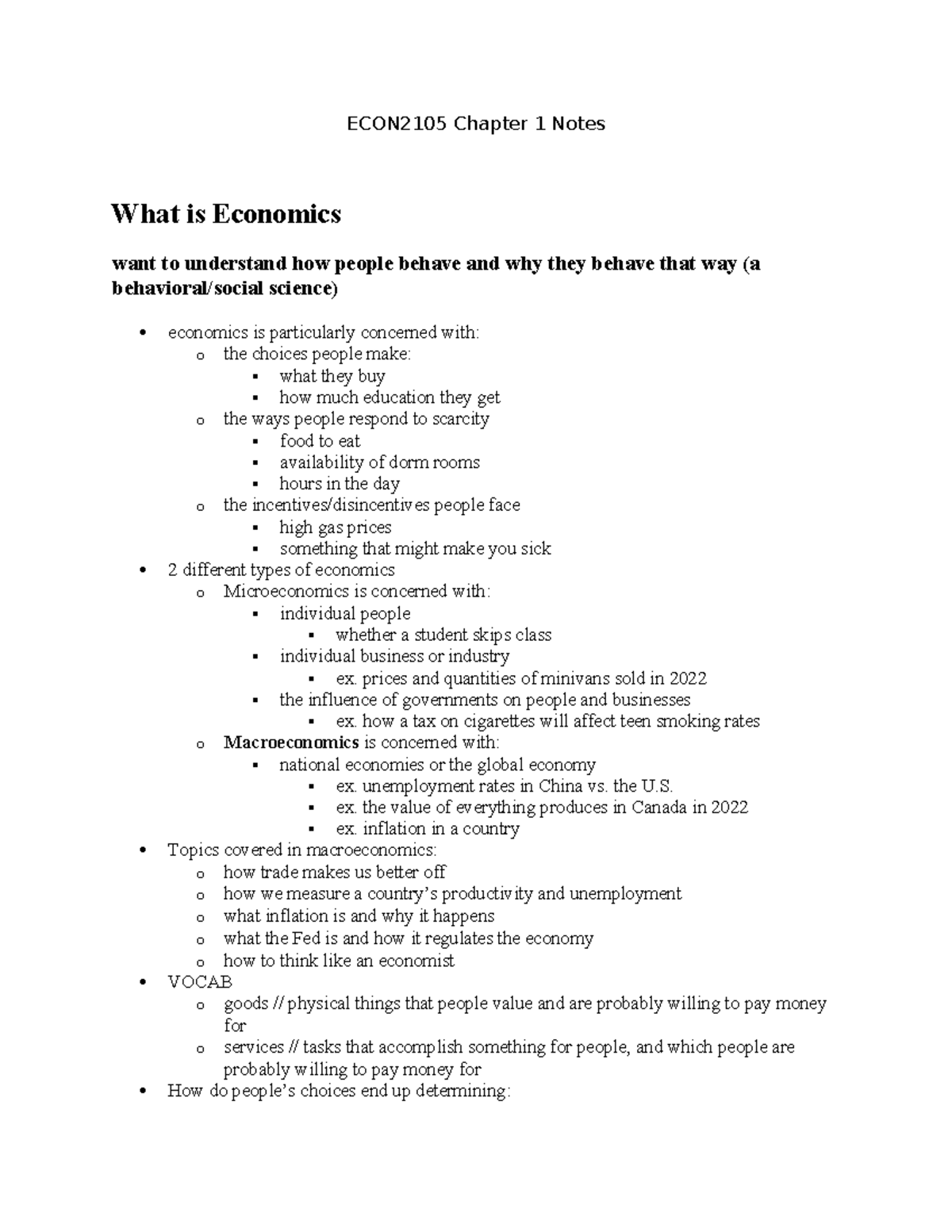 ECON2105 Chapter 1: Introduction to Economics and Key Concepts - Studocu