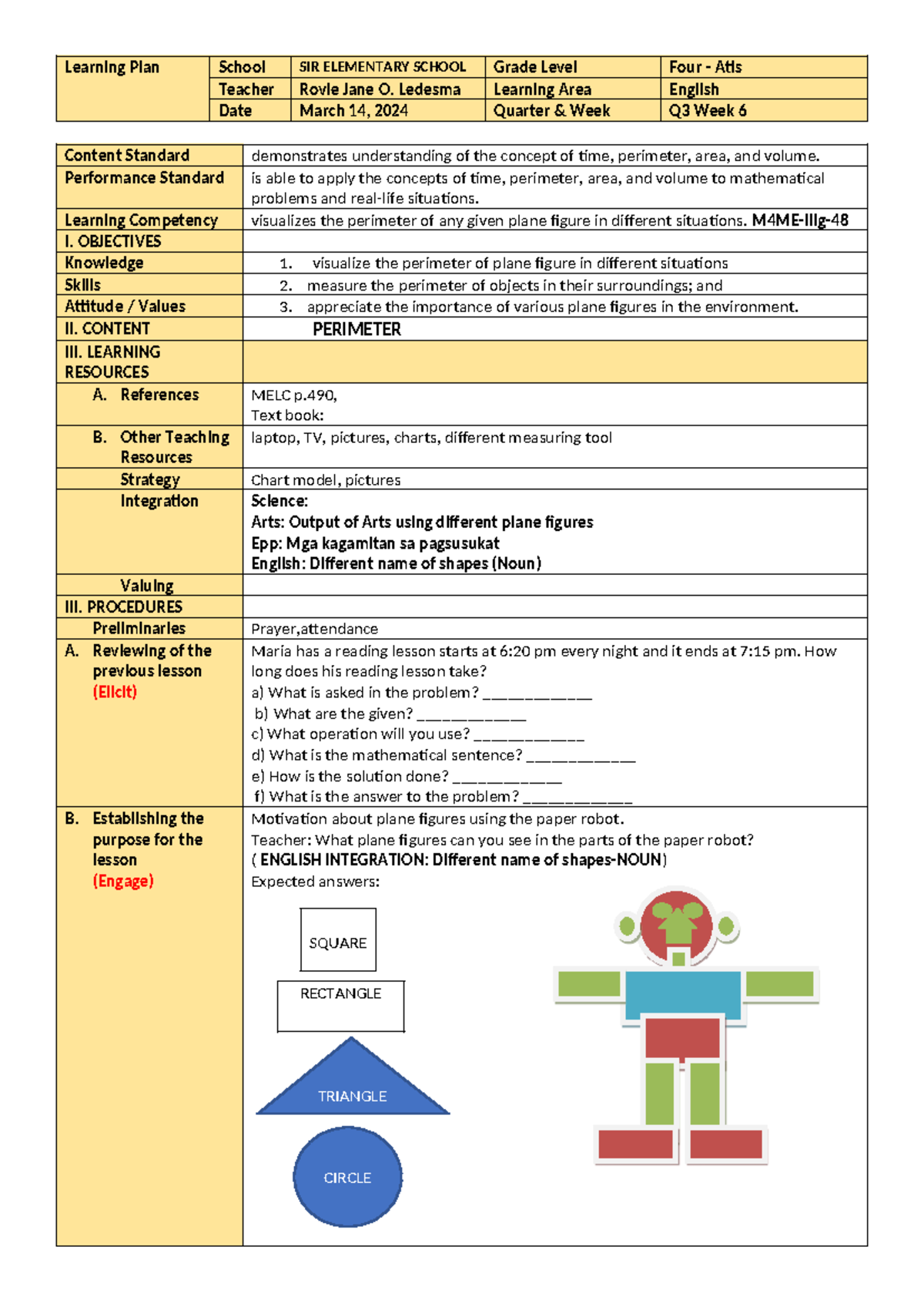 LP in Math - Lesson Plan for Grade 4 on Perimeter Concepts - Studocu