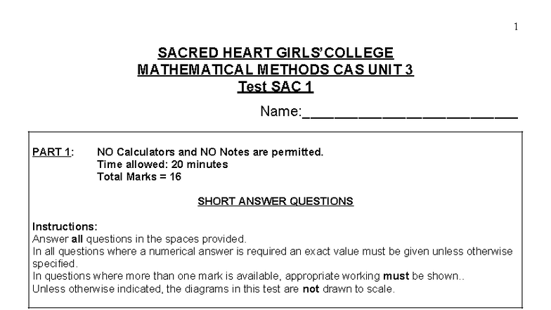 2012 SACRED HEART MATHEMATICAL METHODS CAS UNIT 3 Test 1 - No Notes ...