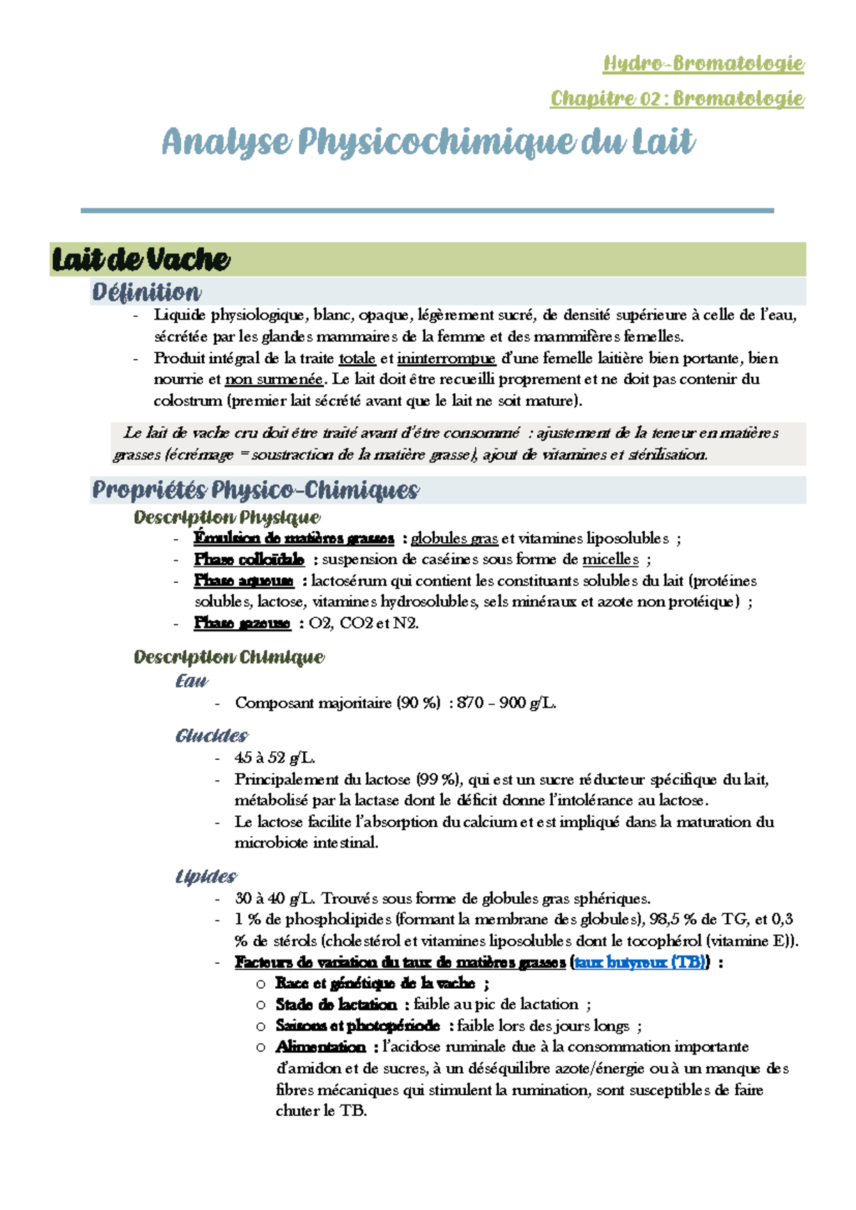 Analyse Physicochimique du Lait de Vache Chapitre 02 Bromatologie — free download