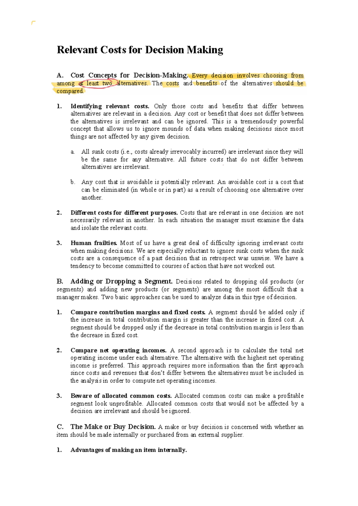 Relevant Costs for Decision Making: Key Concepts & Analysis - Studocu