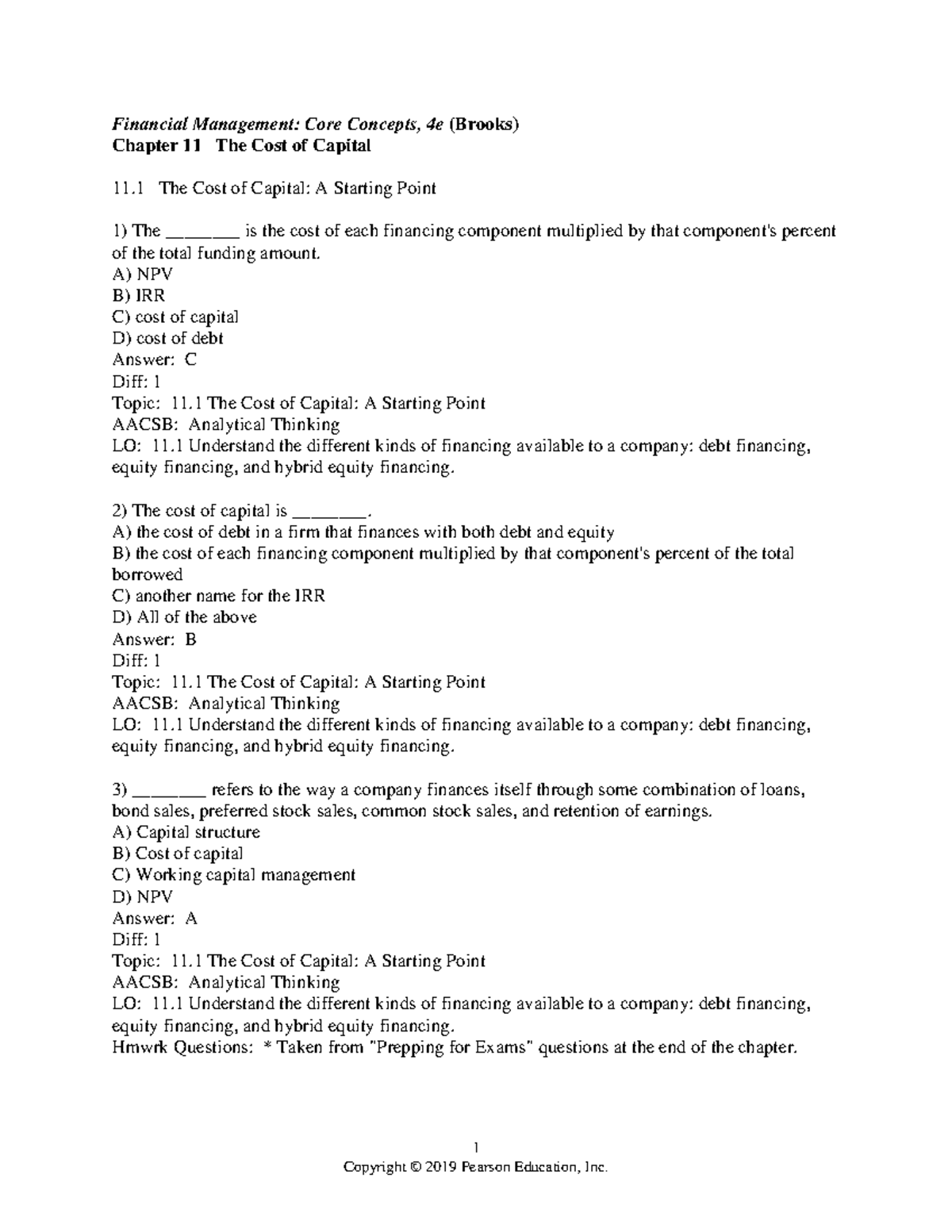 Chapter 11 - The Cost of Capital Test with Key (Finance 101) - Studocu