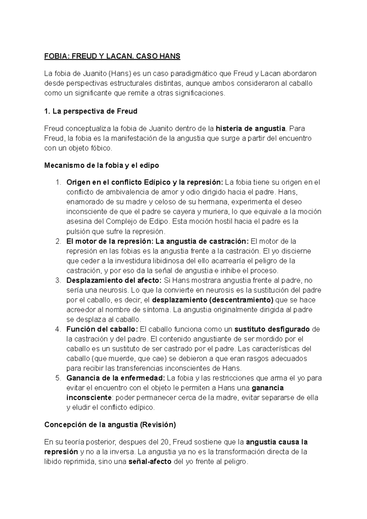 Fobia en el Caso Hans: Perspectivas de Freud y Lacan - Studocu