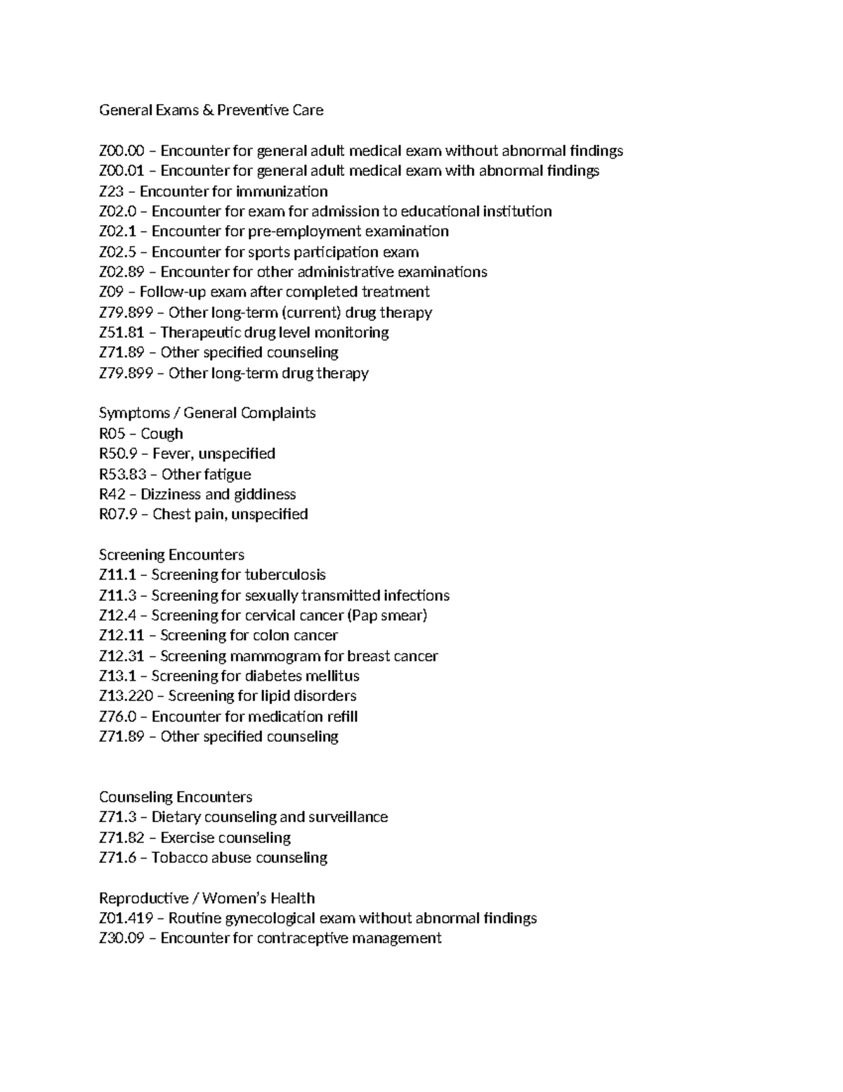 ICD-10 Codes for Common Preventive Care Encounters in PCP - Studocu