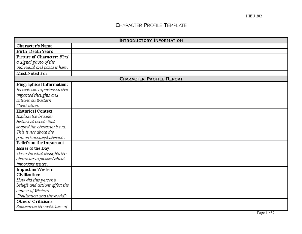 HIEU 202: Character Profile Template Assignment Guidelines - Studocu