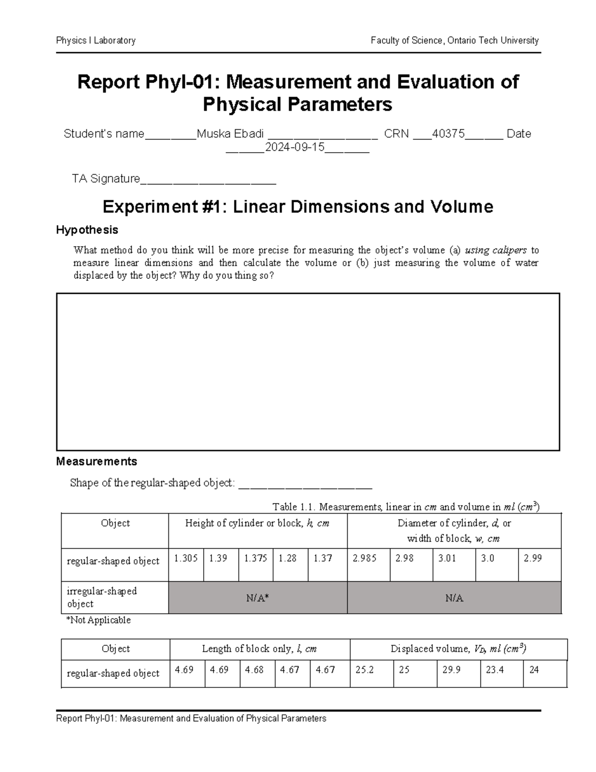 Physics I Lab Report: Measurement & Evaluation of Physical Parameters ...