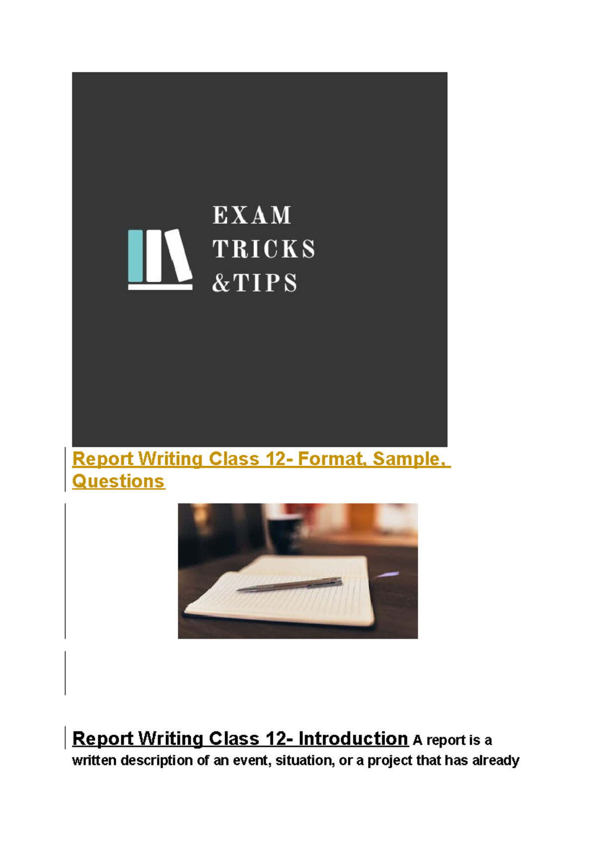 Report Writing Class XII: Formats, Tips & Sample Questions - Studocu