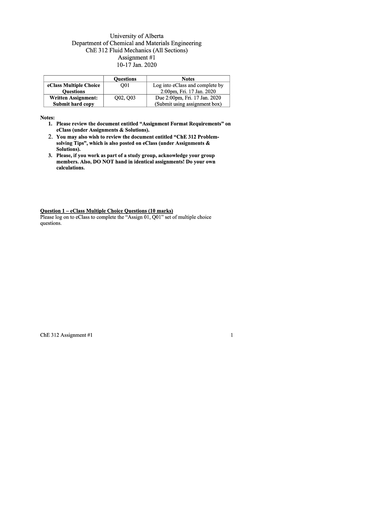 CHE312 Assignment 1 Overview - Winter 2020 - Studocu