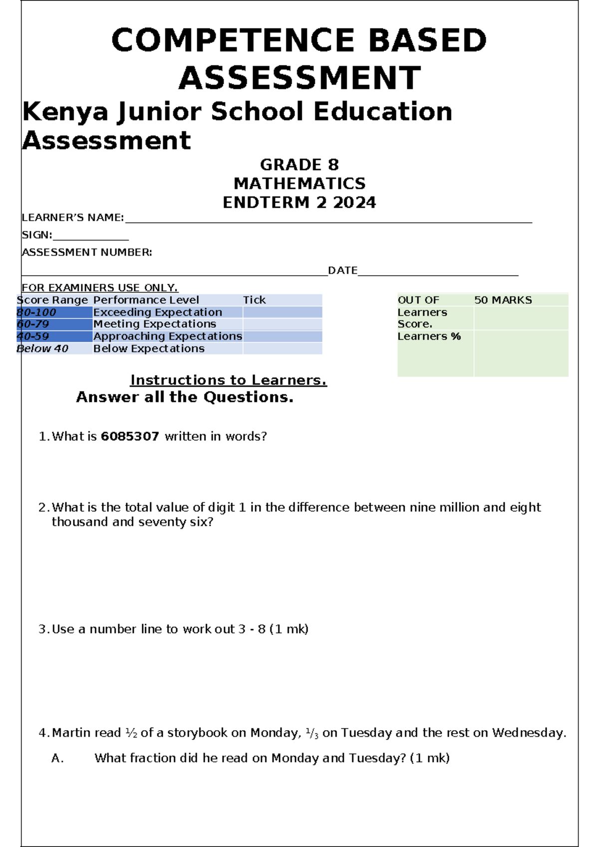 G8 Mathematics Endterm Assessment 2024 - Kenya Junior School - Studocu