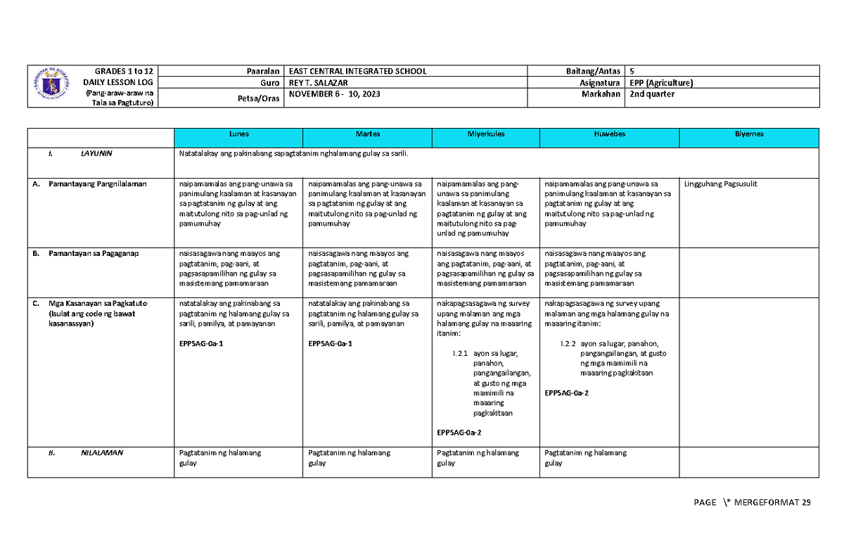 Epp 5 q2 dll - daily lesson log - GRADES 1 to 12 DAILY LESSON LOG (Pang ...