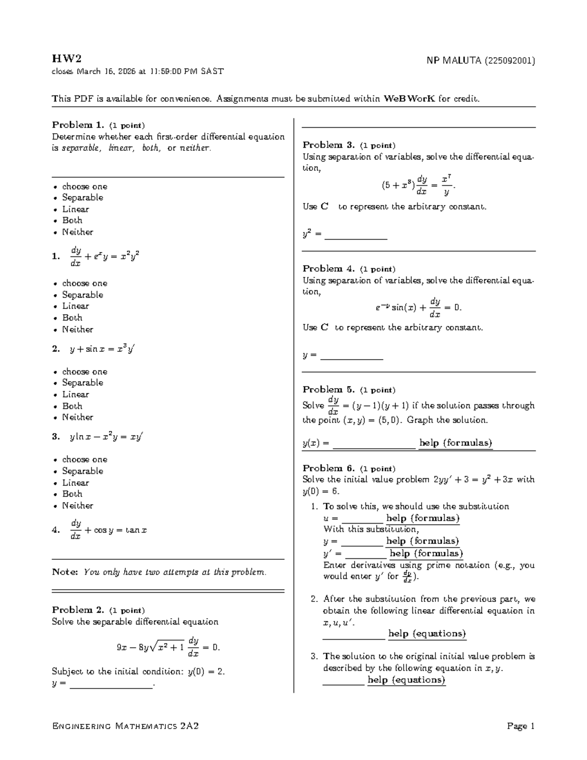 MATE2A2 2026 - HW2 Differential Equations Assignment Guide - Studocu