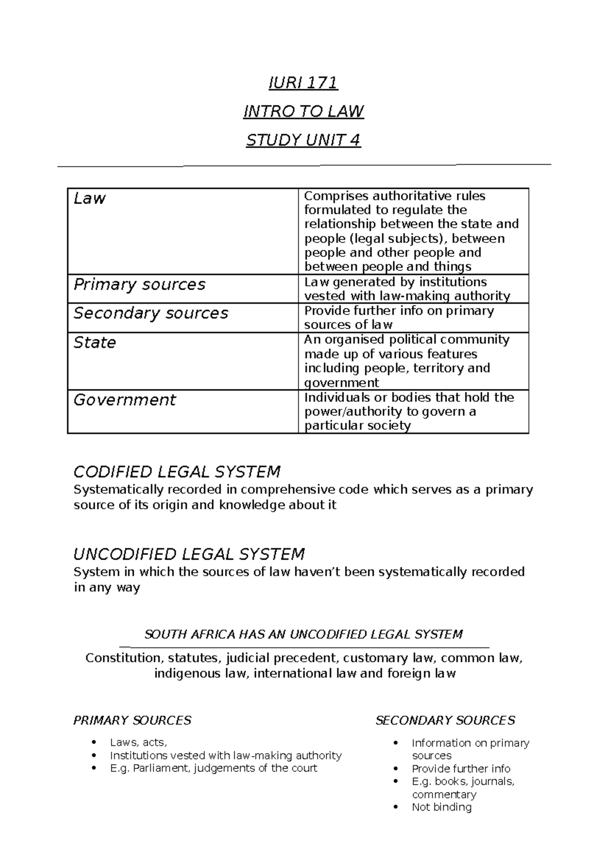 IURI 171 Study Unit 4: Overview of Legal Systems and Sources - Studocu