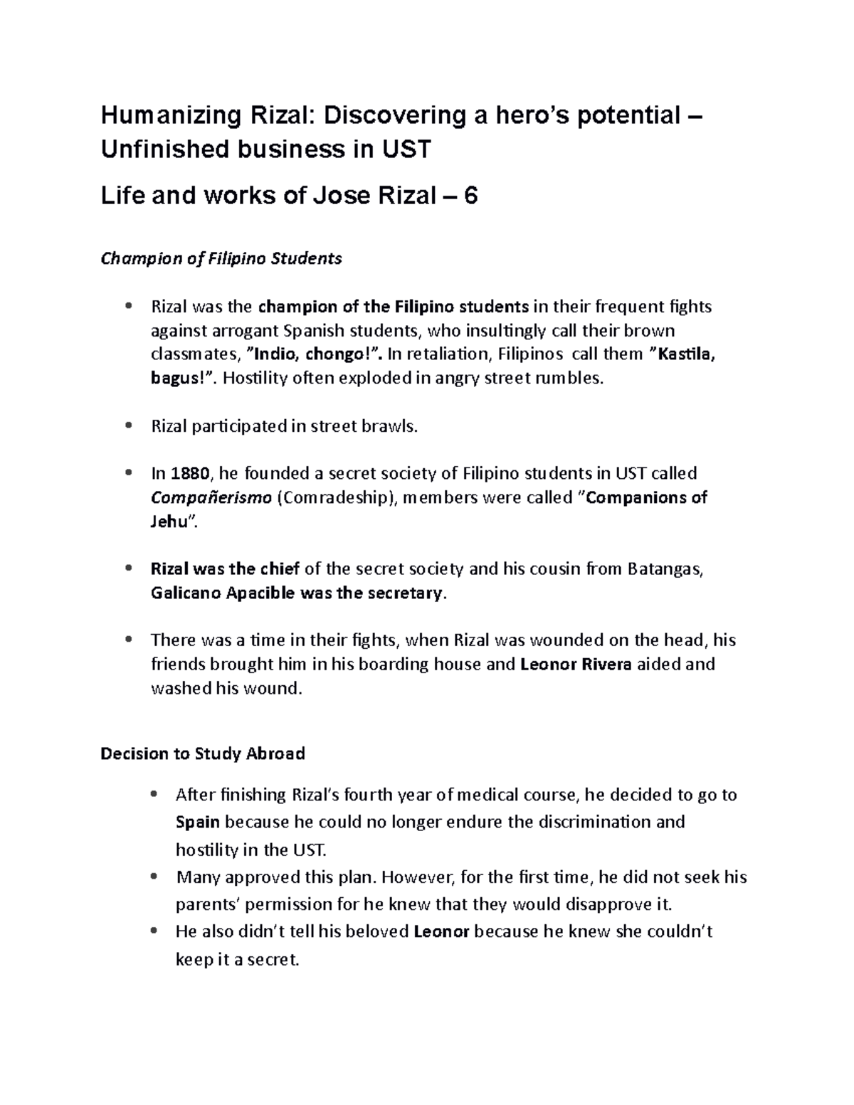 Life and Works of Jose Rizal - UST Studies and Secret Mission - 6 - Studocu