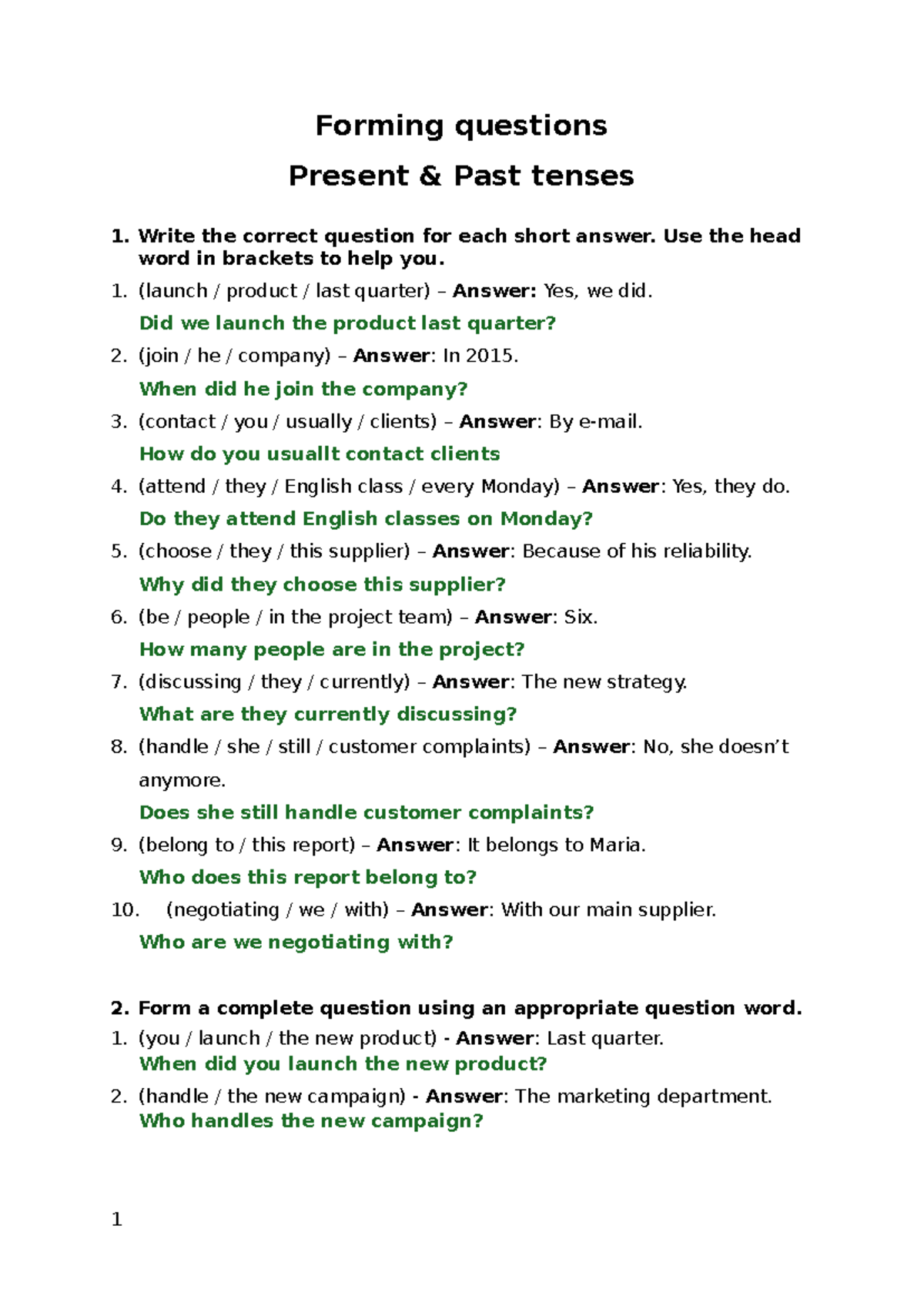 Worksheet: Forming Basic Questions on Present & Past Tenses - Studocu