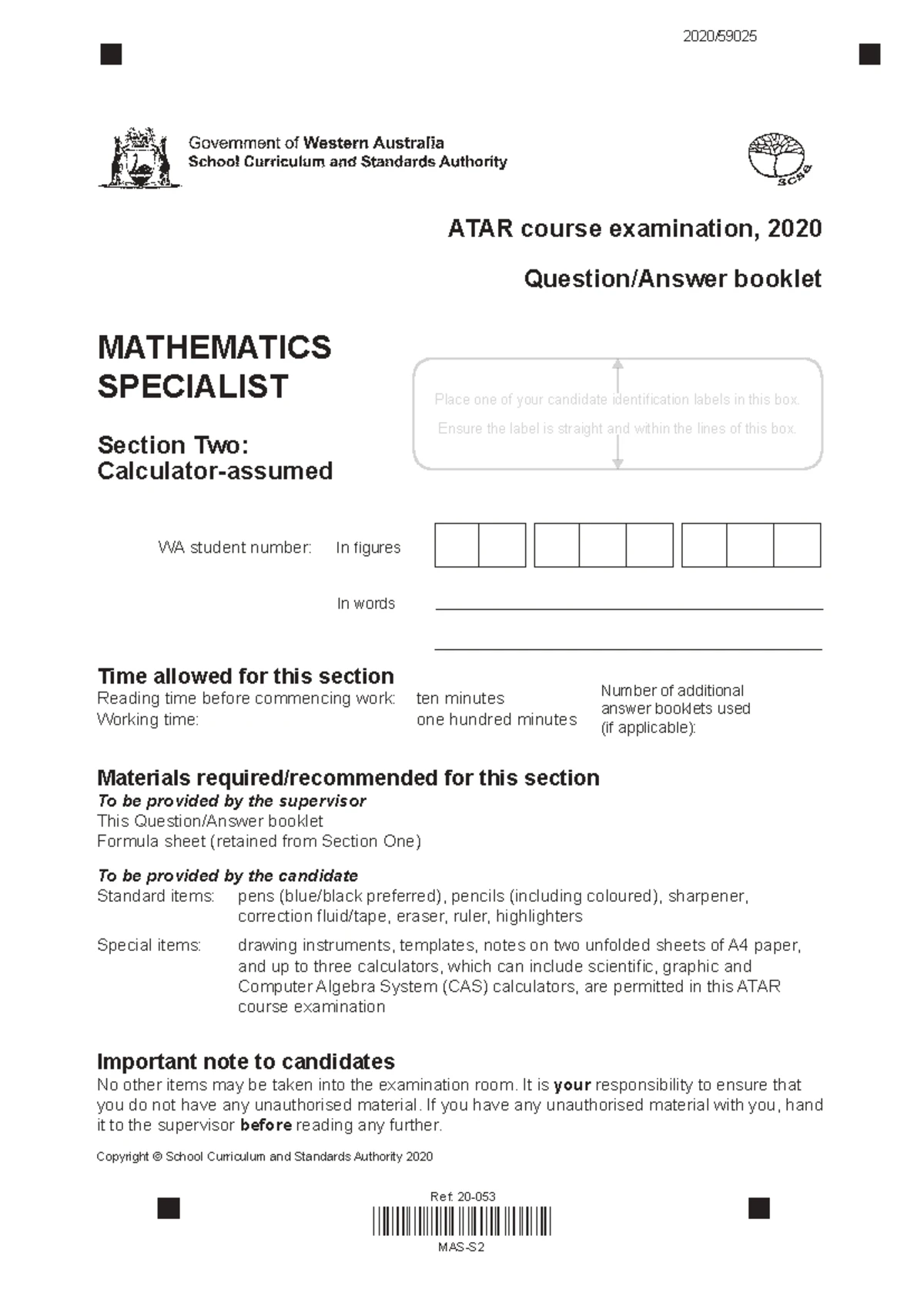 2019 MATHEMATICS SPECIALIST Exam Booklet - Calculator Free - Studocu