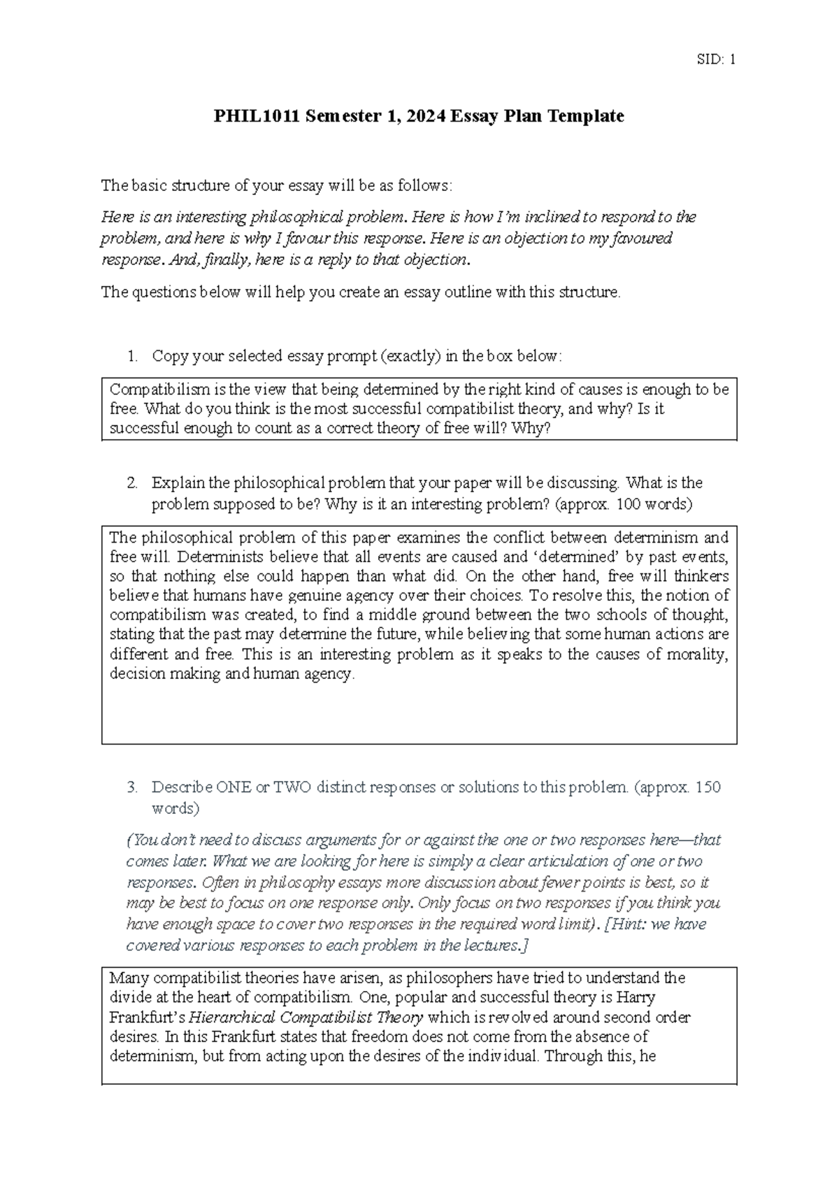 PHIL1011 Semester 1, 2024 Essay Plan on Compatibilism and Free Will ...