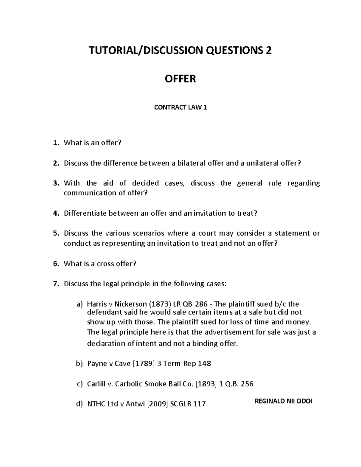 Contract Law 1 Tutorial Questions: Offers Explained (2024) - Studocu
