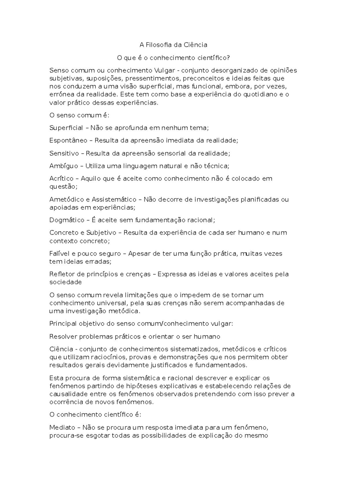 A Filosofia da Ciência: Conhecimento Científico vs. Senso Comum - Studocu