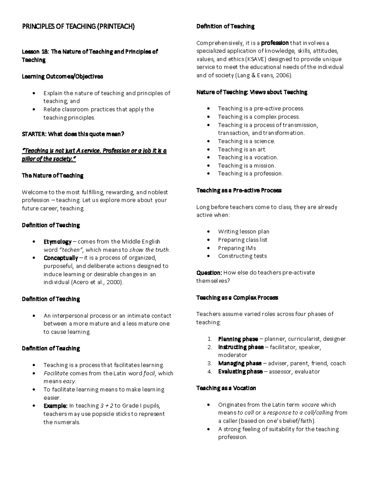 PRINTEACH Lesson 1B: Understanding the Nature and Principles of Teaching - Document Preview