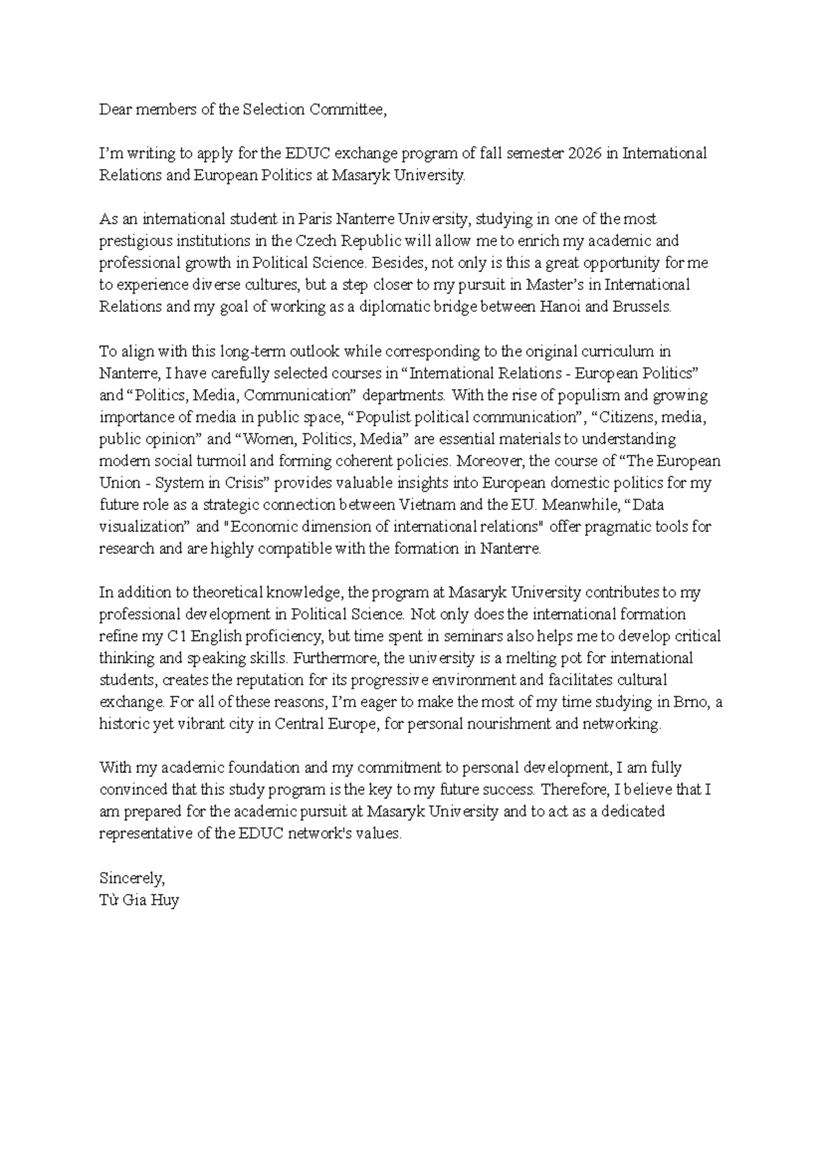 Motivation Letter for EDUC Exchange Program - Masaryk University - Studocu