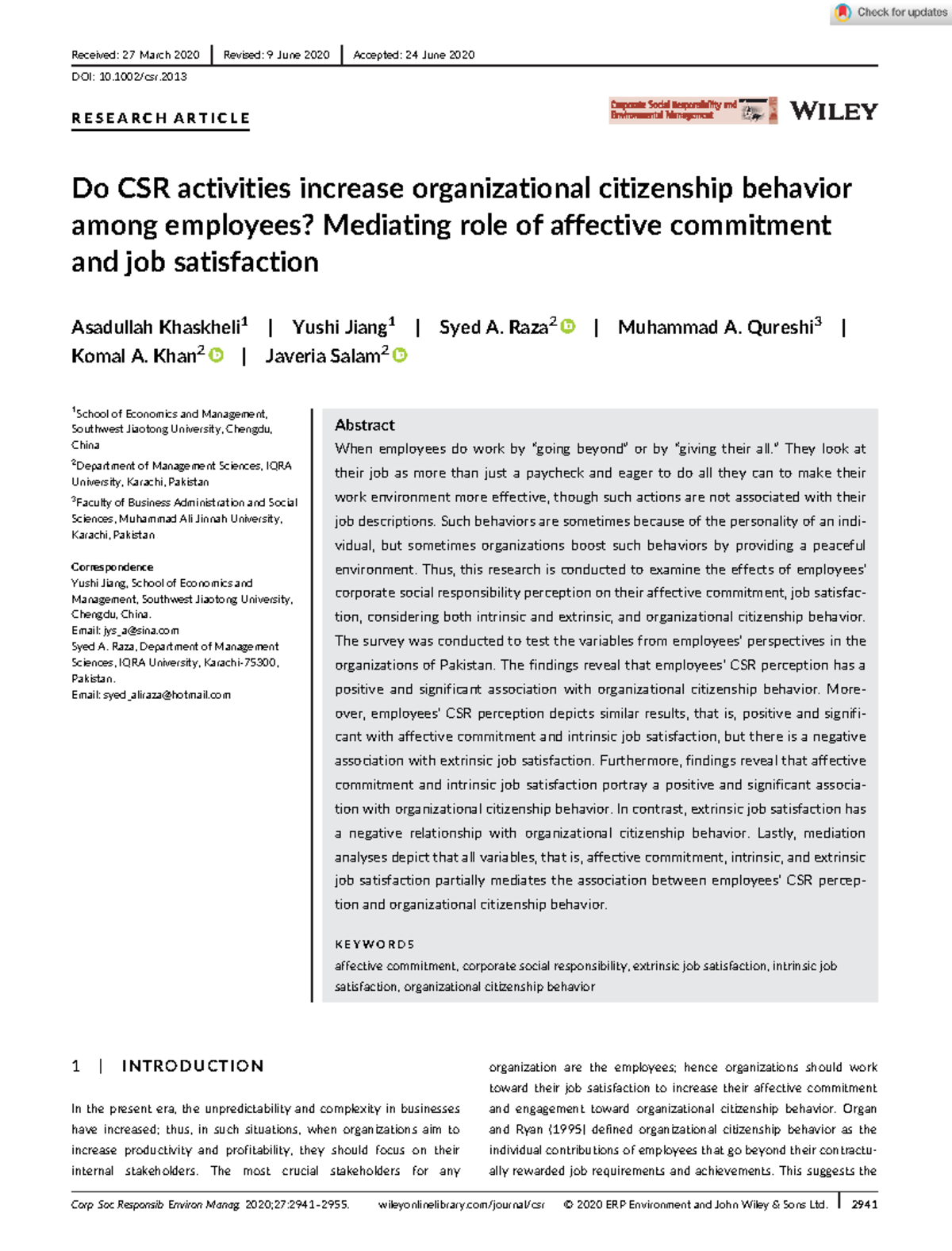 Do CSR Activities Enhance OCB? Examining Affective Commitment & Job ...