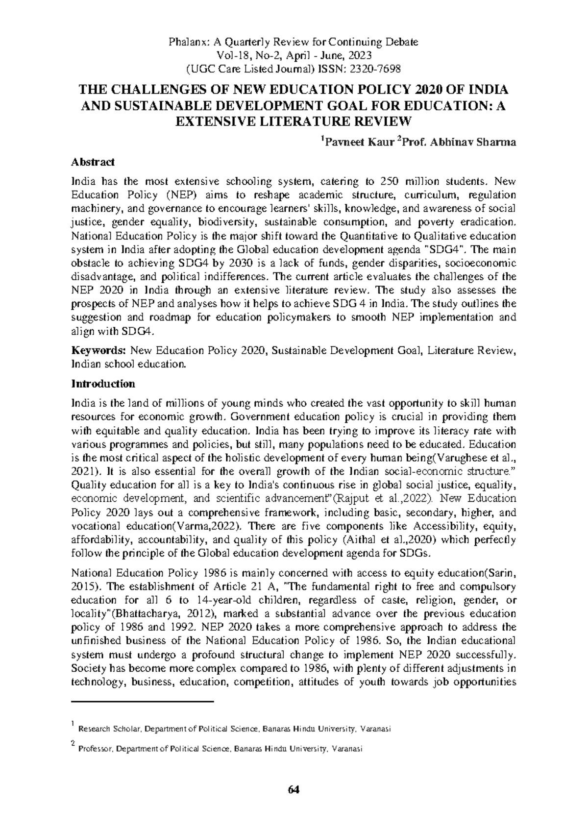 Challenges of NEP 2020 in India and Its Impact on SDG 4: A Literature ...