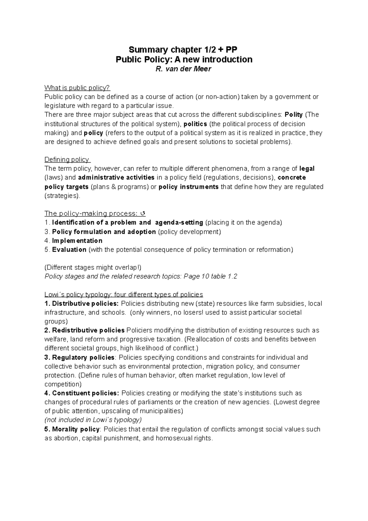Public Policy Summary: Chapters 1 & 2 Overview H1/H2 - Studeersnel