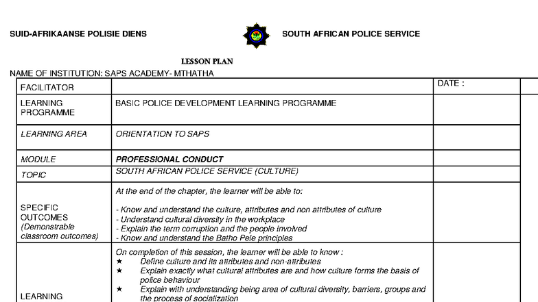 POLISIE DIENS: PROFESSIONAL CONDUCT LESSON PLAN 2021 - Studocu