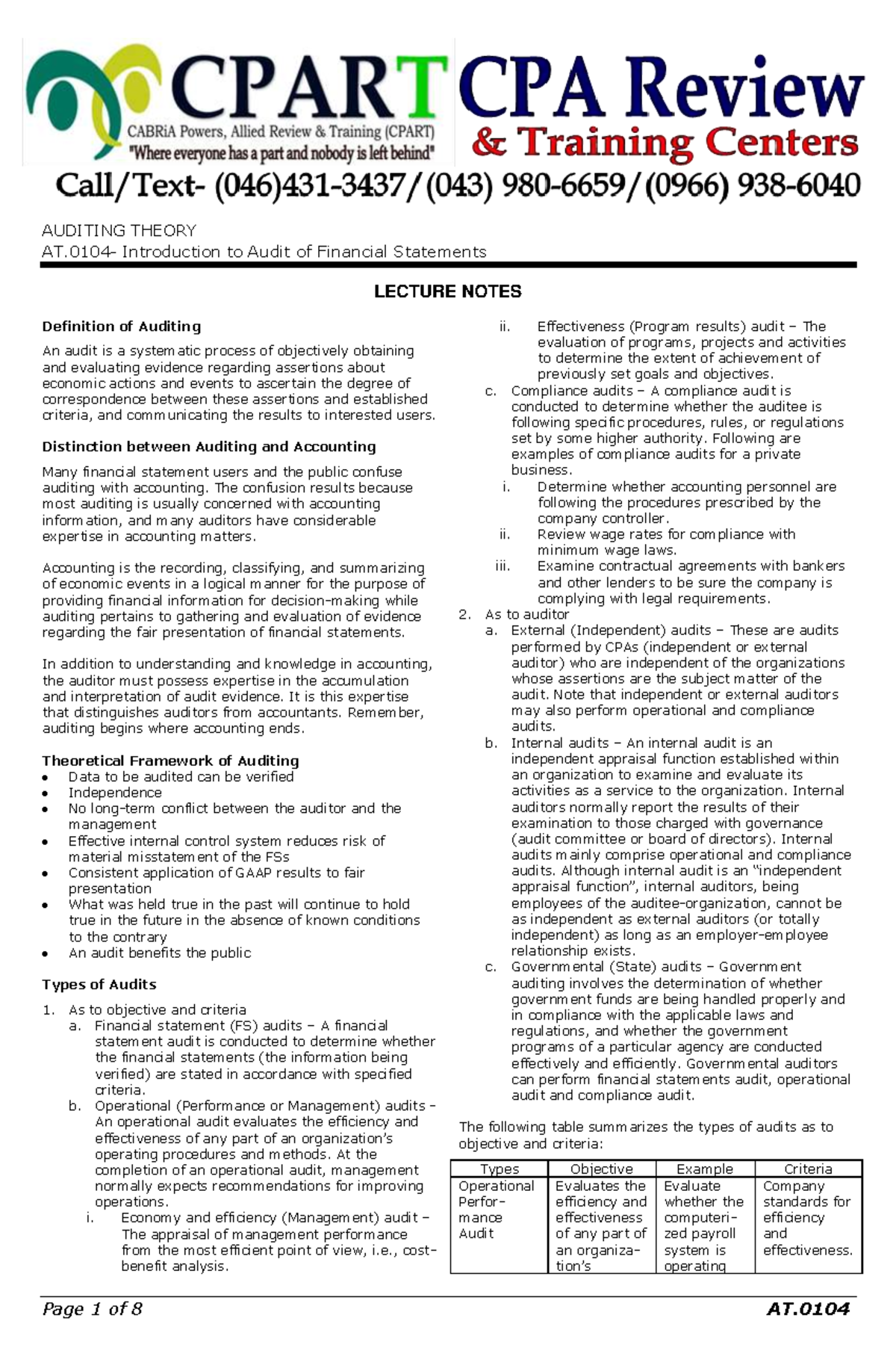 ACCT 8 LECTURE NOTES: AUDITING THEORY & FINANCIAL STATEMENTS - Studocu
