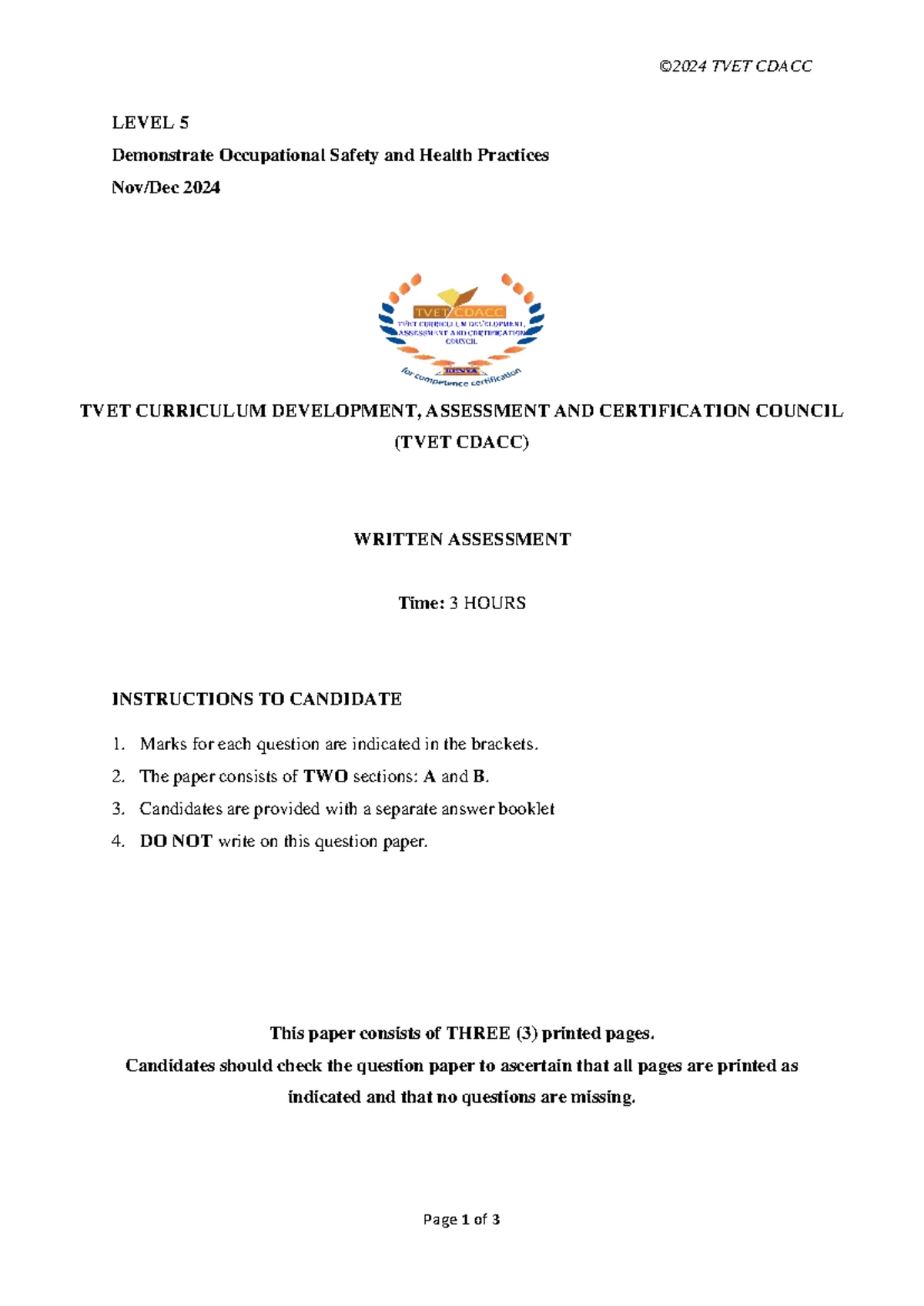 TVET CDACC Level 6 Environmental Literacy Written Assessment 2024 - Studocu